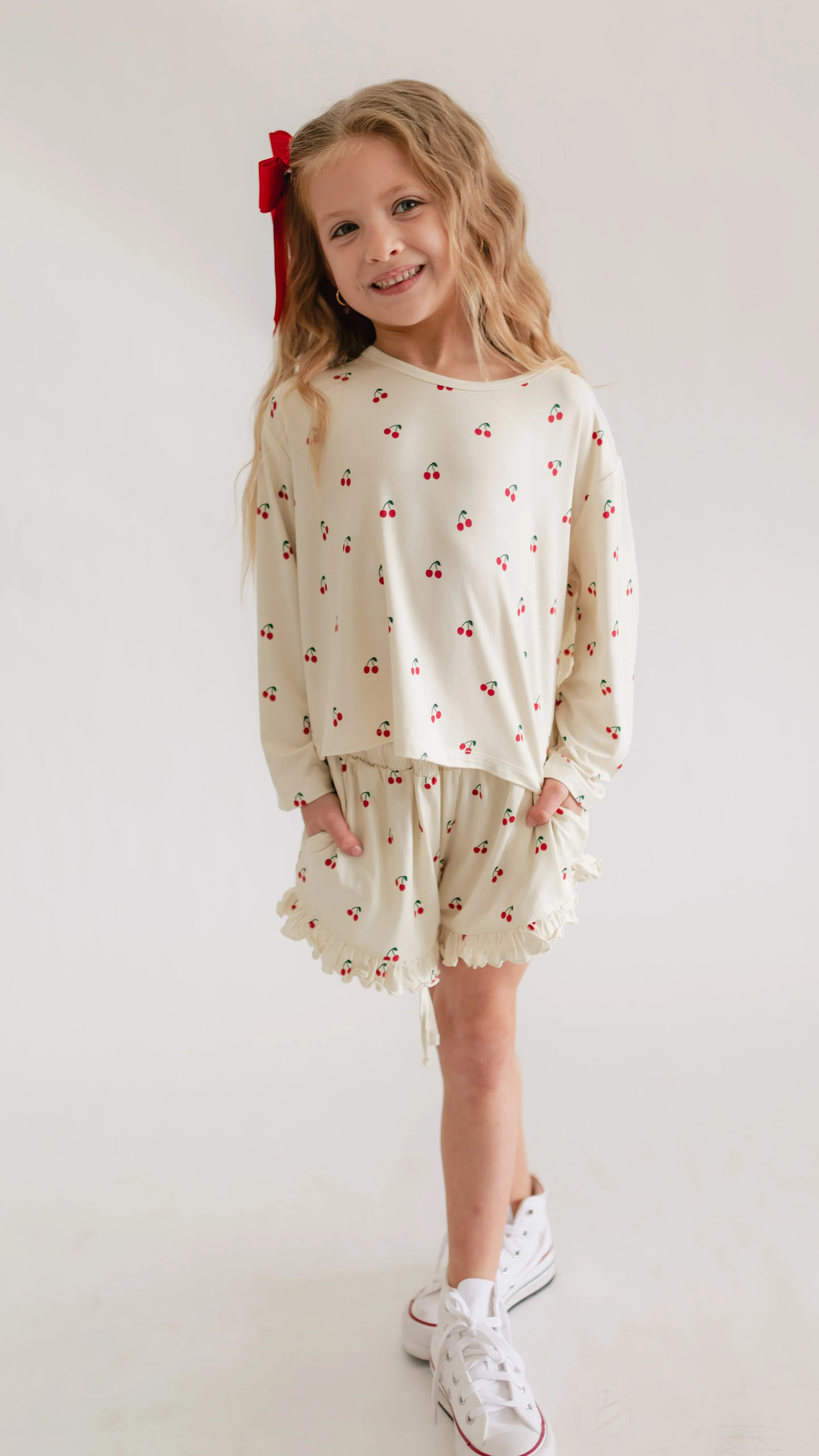 Girl's Long Sleeve and Ruffle Shorts Set in Cream Cherries 7/8 | Silks Design