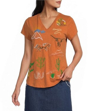 Reba Lily Knit Jersey V-Neck Short Sleeve Western Embroidered Shirt | Dillard's | Dillard's