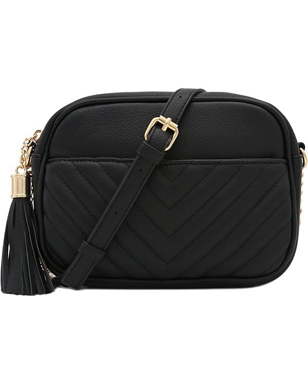 FashionPuzzle Chevron Quilted Crossbody Camera Bag with Chain Strap and Tassel | Amazon (US)