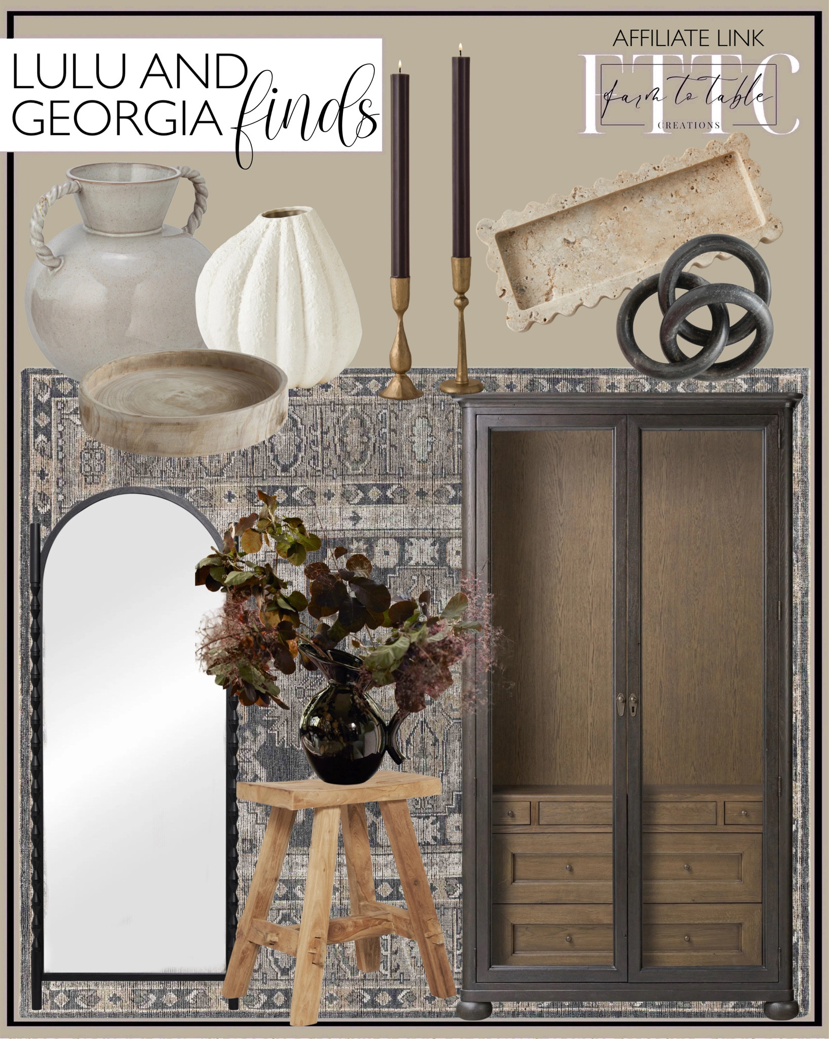 Lulu and Follow @farmtotablecreations on Instagram for more inspiration.

Wool Rug. Sussex Curio Cabinet. Topia Floor Mirror. Arlene Stool. Sandie Tray. Loraya Vase. Fluted Taper Candles. Taper Candle Holder. Marble Object. Verso Jug. Travertine Tray. 

Living Room Finds. Coffee Table Decor. Living Room Rug. 


#LTKHome #LTKFindsUnder100 #LTKStyleTip