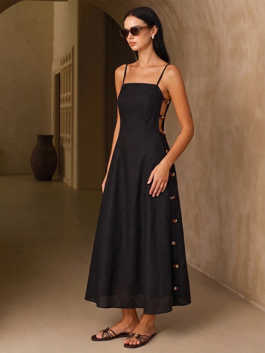 Linen-Blend Amber Detail Cami Midi Dress | Commense