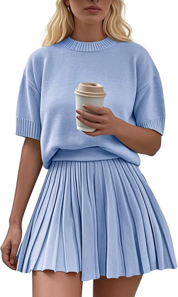 Womens 2 Piece Outfits 2026 Short Sleeve Crewneck Knit Tops And Pleated Mini Skirt Two Piece Sets | Amazon (US)