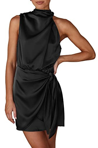 PRETTYGARDEN Women's Short Formal Satin Dress Summer Sleeveless Mock Neck Tie Waist Cocktail Party Dresses (Black,Medium) | Amazon (US)