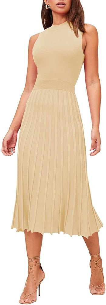 Pink Queen Women's Crew Neck Sleeveless High Waisted Bodycon Pleated Ribbed Swing Knit Midi Dress... | Amazon (US)