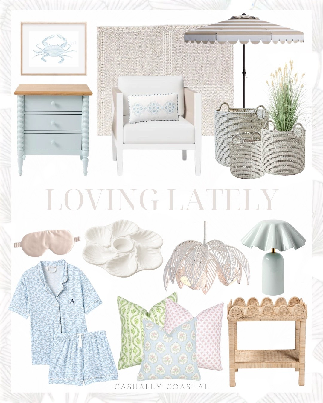 Loving Lately

Coastal home, coastal decor, coastal pillows cabals rug, coastal artwork, coastal wall art, coastal lamp, oyster plates, blue and white pajama set, button up pajamas, quince sleep mask, palm tree rattan chandelier, coastal chandelier, Etsy pillow covers, coastal pillow cover, coastal end table, wayfair end table, fluted cordless table lamp, pottery barn planter, woven planter, mini cattail drop in plant, Serena & lily rug, coastal rug, neutral rug, 8x10 rug, white side chairs and side table, wayfair patio set, coastal patio set, blue nightstand, coastal nightstand, blue crab artwork, scalloped tilt top market umbrella, striped outdoor umbrella, patio umbrella, Serena & lily pillow covers

#LTKHome