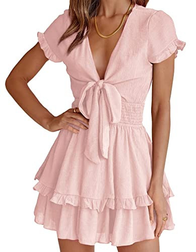 PRETTYGARDEN Women Summer Short Dress 2025 Casual V Neck Short Sleeve Tiered Bow Mini Sun Dresses Beach Vacation Sundress(Pink,Small) | Amazon (US)