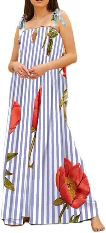 NUFIWI Womens Tie Shoulder Graphic Boho Maxi Dress Sleeveless Flowy Tiered A Line Dress Summer Vo... | Amazon (US)