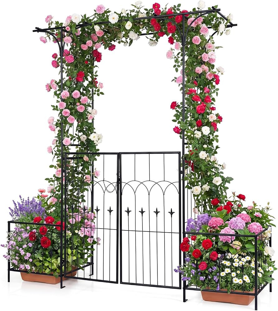 Giantex 81" H Metal Garden Arbor Arch Trellis with Gate and Planter | Amazon (US)