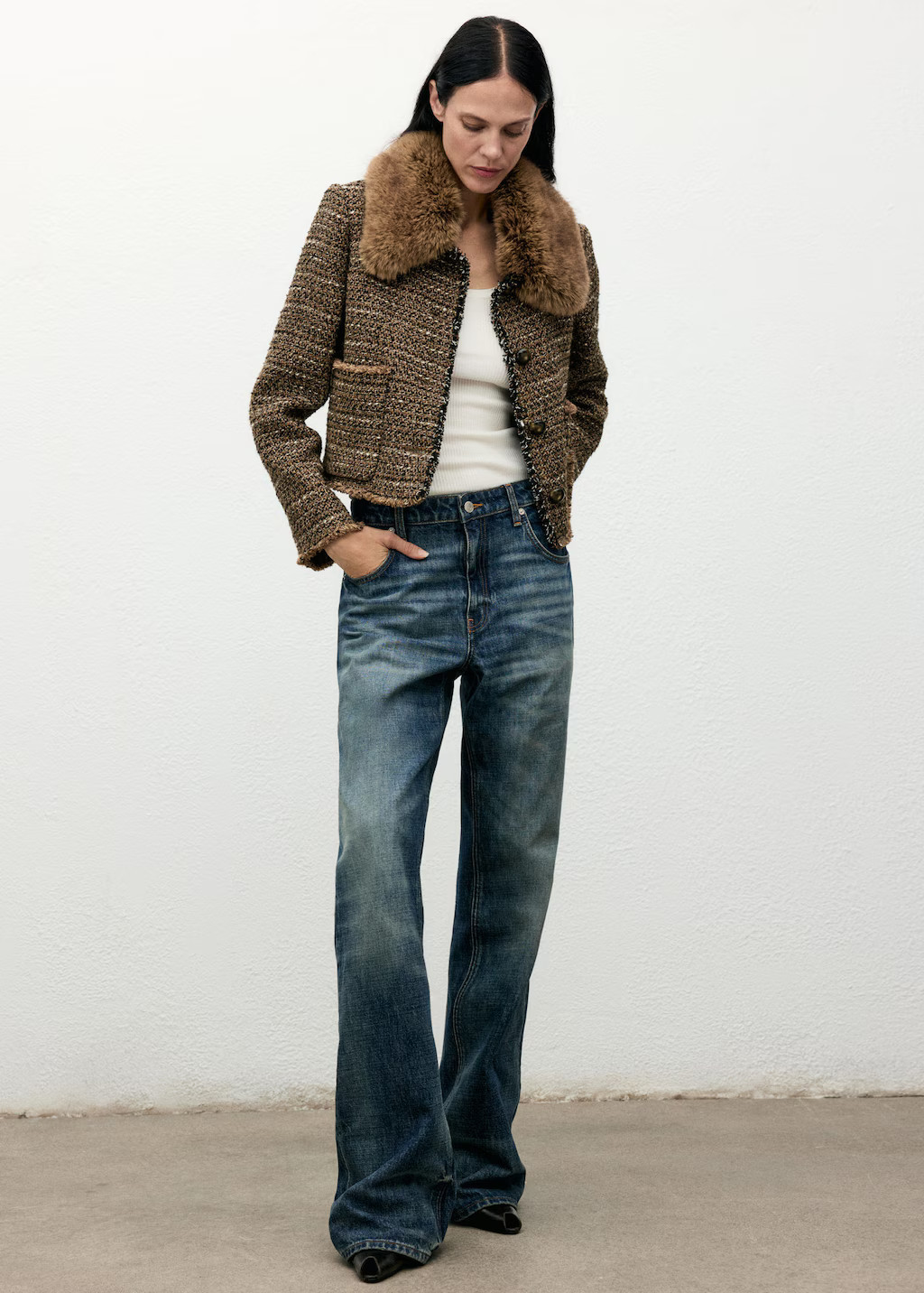 Tweed jacket with fur collar brown - Woman - L - MANGO | MANGO (UK)