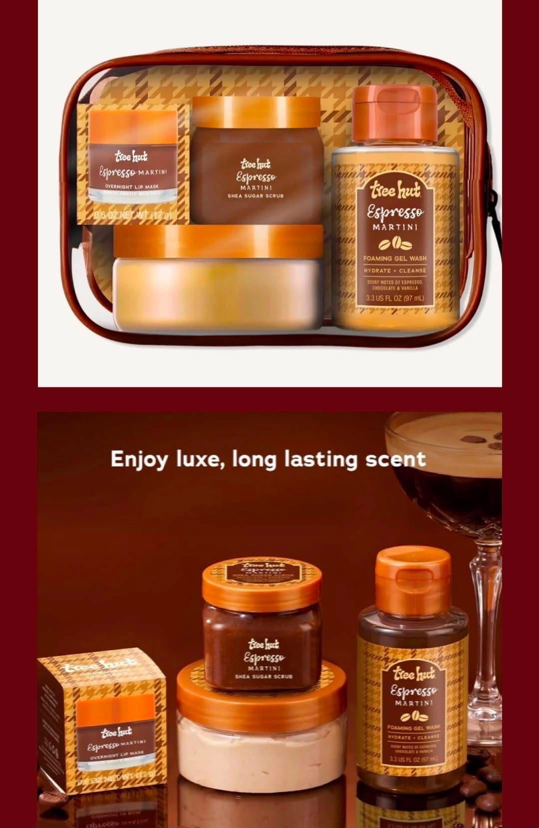 The new Tree Hut Espresso Martini Whipped & Tipsy Gift Set is now BACK IN STOCK at Ulta! 

This Ulta Beauty exclusive travel-size kit is only $23.99, and includes four bodycare essentials with the most amazing scent: 

- Espresso Martini Shea Sugar Scrub
- Espresso Martini Foaming Gel Wash
- Espresso Martini Whipped Body Butter
- Espresso Martini Overnight Lip Mask

The scent is so wonderful - smells like a combo of espresso, chocolate & vanilla. So perfect for gifting - never too early to think ahead for the holidays, either! 🤎

#LTKSaleAlert #LTKSeasonal #LTKBeauty
