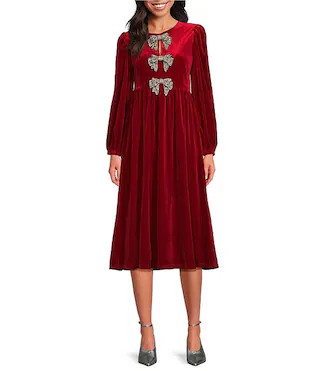 Sugarlips Jena Glow Velvet Crew Neck Long Sleeve Rhinestone Bow Midi Dress | Dillard's | Dillard's