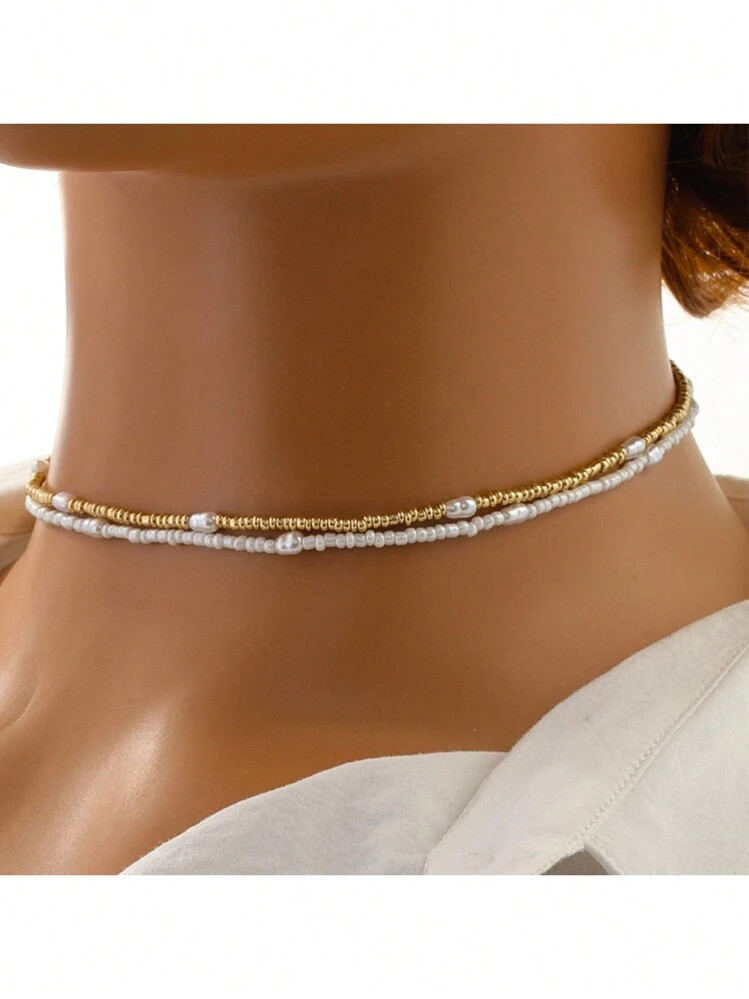 2 Necklaces/Set Fashionable & Minimalistic Pearl Beaded Choker & Necklace Set For Women, Elegant ... | SHEIN