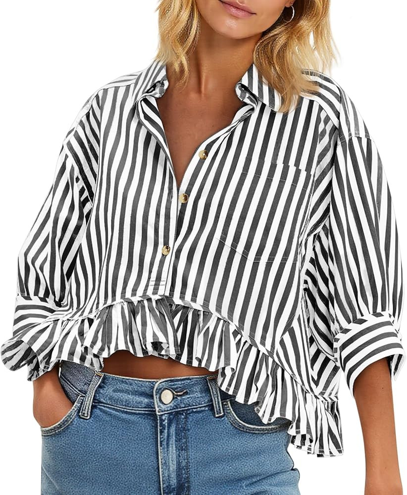 Cicy Bell Womens Cropped Striped Button Down Shirts Ruffle 3/4 Length Sleeve Summer Tops Dressy C... | Amazon (US)