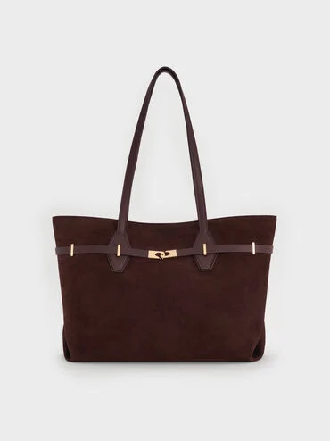 Espresso Brown Arlet Recycled Suede Double-Handle Belted Tote Bag | CHARLES & KEITH | Charles & Keith US