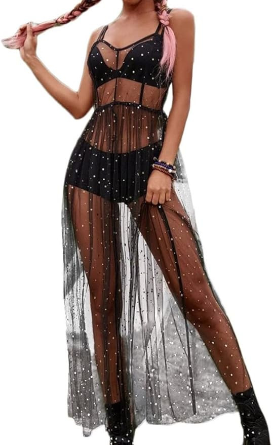 ORANDESIGNE Damen Mesh Strandkleider Sexy Durchsichtig Badeanzug Bikini Cover Up Rave Festival Cl... | Amazon (DE)