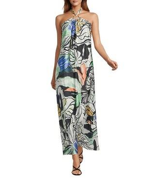 Botanical Print Ring Halter Neck A-Line Maxi Dress | Dillard's