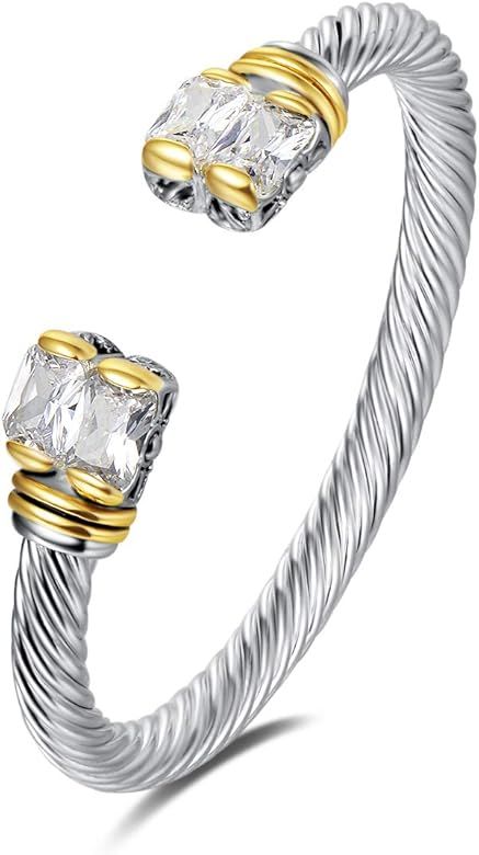 UNY Designer Inspired Jewelry Double CZ Cable Wire Antique Bangle Elegant Beautiful (White) | Amazon (US)