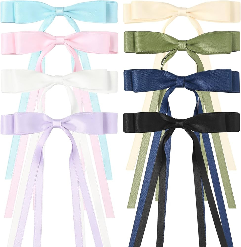 8 PCS Satin Hair Bows Hair Clip Double Black White Hair Ribbon Ponytail Holder Accessories Slides... | Amazon (US)