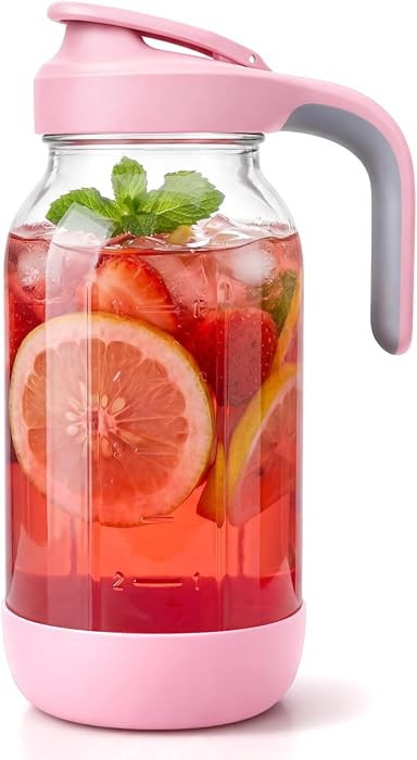 64 oz (2 Qt) Glass Mason Jar Pitcher with Pour Spout Lid & Handle, Airtight Leak-Resistant Flip-Top, Wide Mouth for Ice & Fruit, Non-Slip Silicone Base, Measuring Marks, Fridge Water & Iced Tea | Amazon (US)