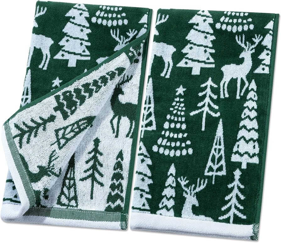 Shemilly 2pcs Christmas Hand Towels Green Elk Christmas Tree Jacquard Hand Towel for Bath 100% Co... | Amazon (US)