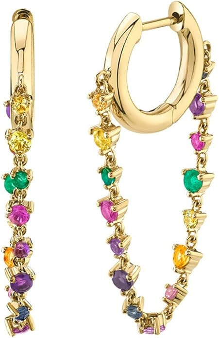 Rainbow Chain CZ Dainty Small Hoop Cuff Cartilage Hypoallergenic Earrings for Women Girls 925 Ste... | Amazon (US)