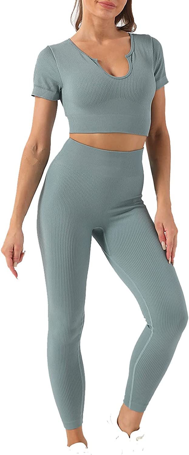 CHICLOUD Workout Sets for Women 2 Piece Ribbed Seamless Workout Crop Tops High Waist Yoga Legging... | Amazon (US)