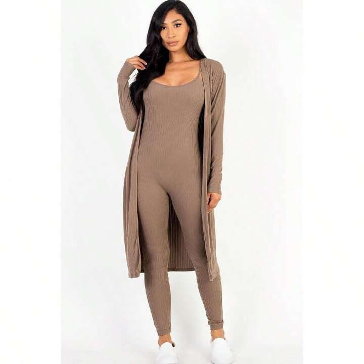 Ribbed Cardigan And Jumpsuit Ensemble | SHEIN