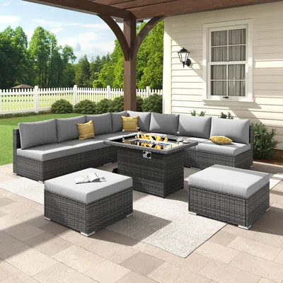 Bromelia 10-Piece Outdoor Modular PE Wicker Sectional Conversation Set with 43" Propane Fire Pit Table and Cushions | Wayfair North America