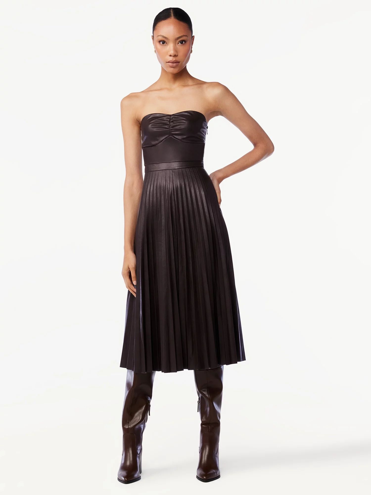 Scoop Women's Faux Leather Strapless Pleated Midi Dress | Walmart (US)