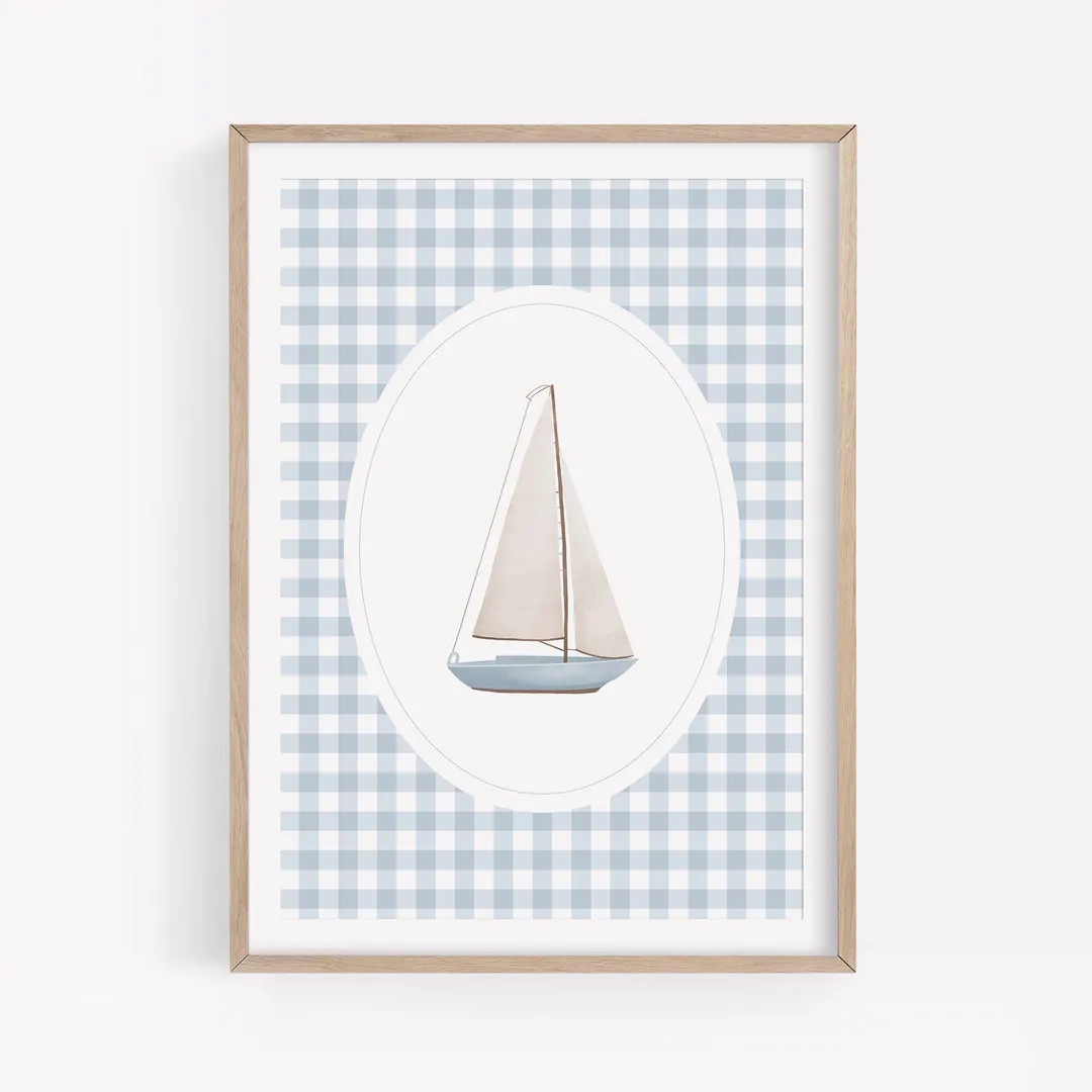 Blue Vintage Sailboat Print, Gingham Boat Wall Art, Printable Travel Wall Art, Nautical Nursery D... | Etsy (Global)