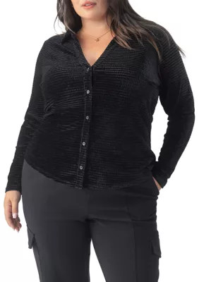 Sanctuary Women's Plus Size Textured Velvet Button Top, Black, 2X | Belk