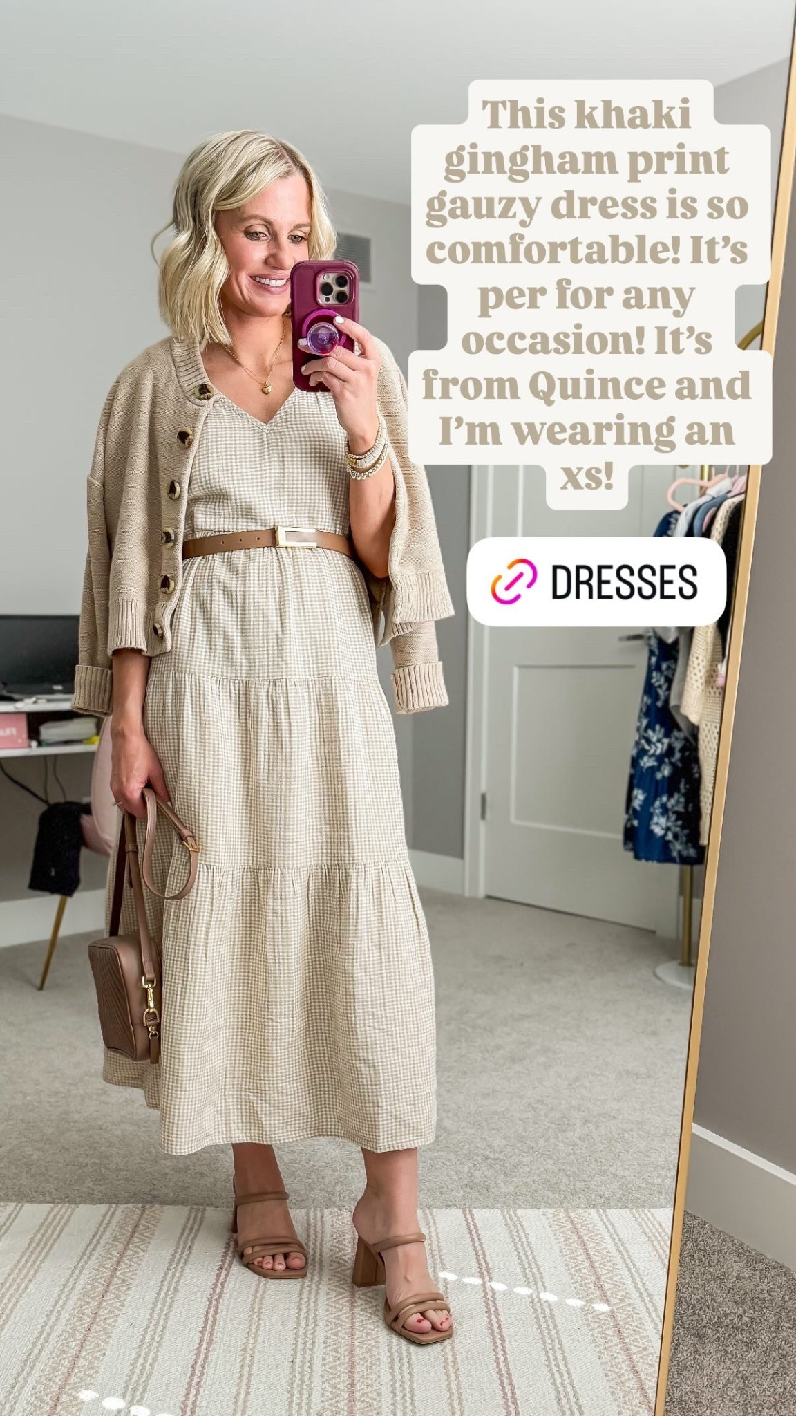 This khaki gingham print gauzy dress is so comfortable! It’s per for any occasion! It’s from Quince and I’m wearing an xs!