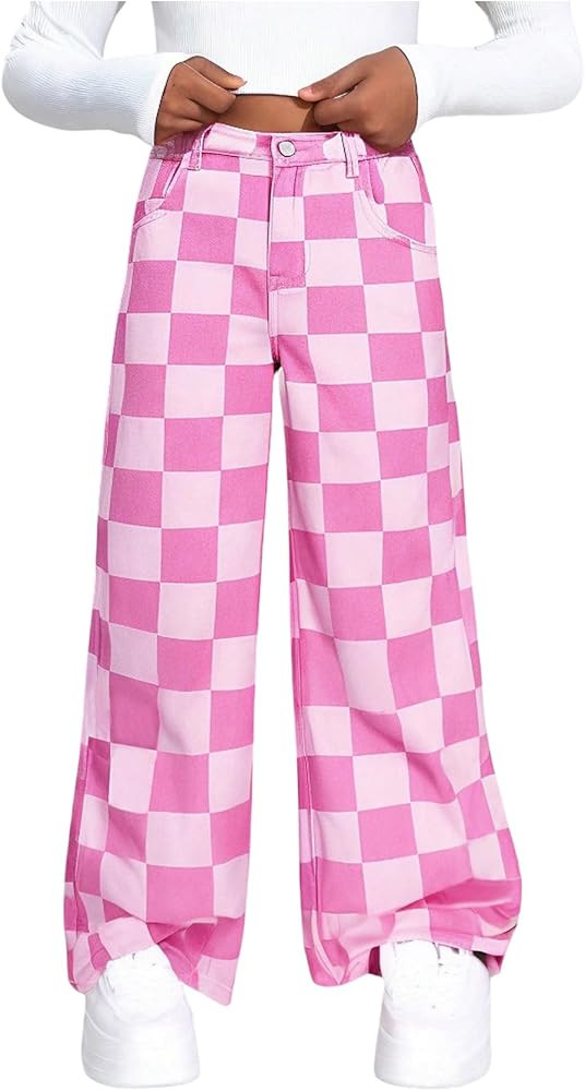 WDIRARA Girl's Checkered Straight Leg Baggy Jeans Elastic High Waist Denim Pants | Amazon (US)