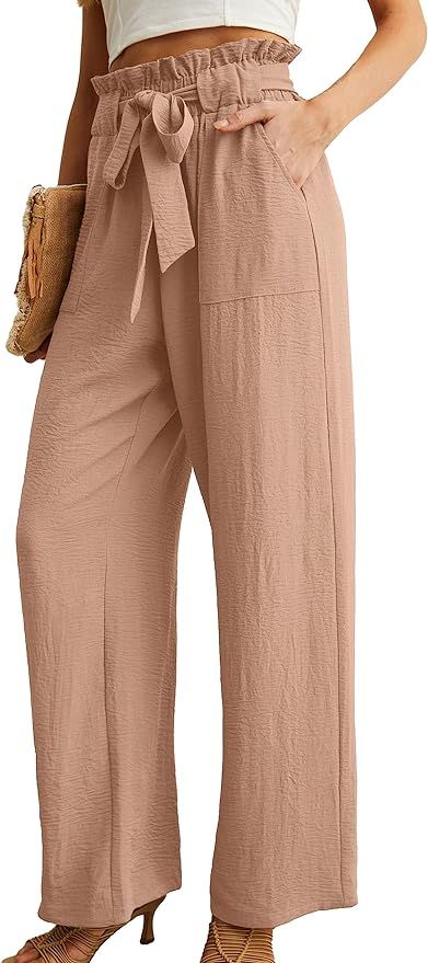 IWOLLENCE Women's Wide Leg Pants with Pockets High Waist Adjustable Knot Loose Casual Trousers Bu... | Amazon (US)