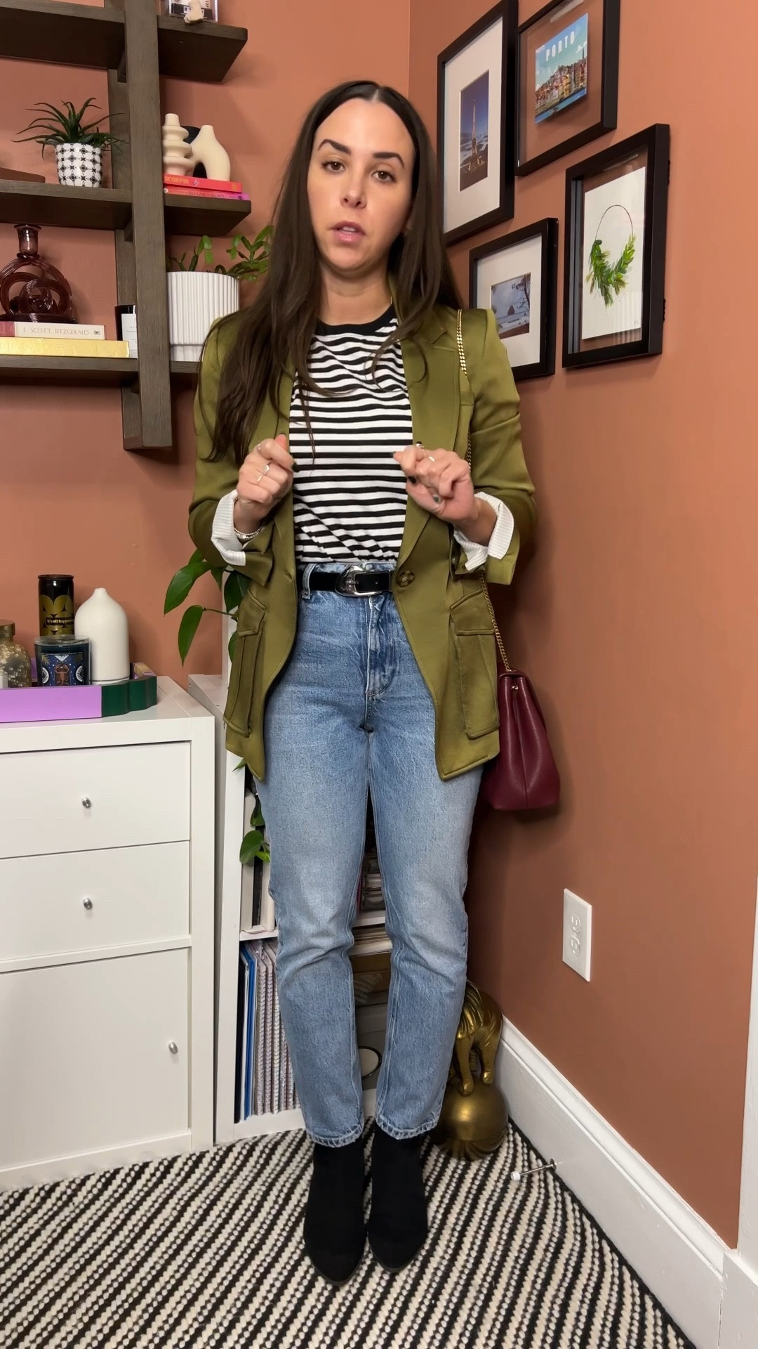 green blazer. veronica beard. black booties. casual. outfit. casual outfit. dinner. jeans and boots. striped tee. everlane. polene. everlane. 

 

#LTKFindsUnder100 #LTKStyleTip #LTKWatchNow