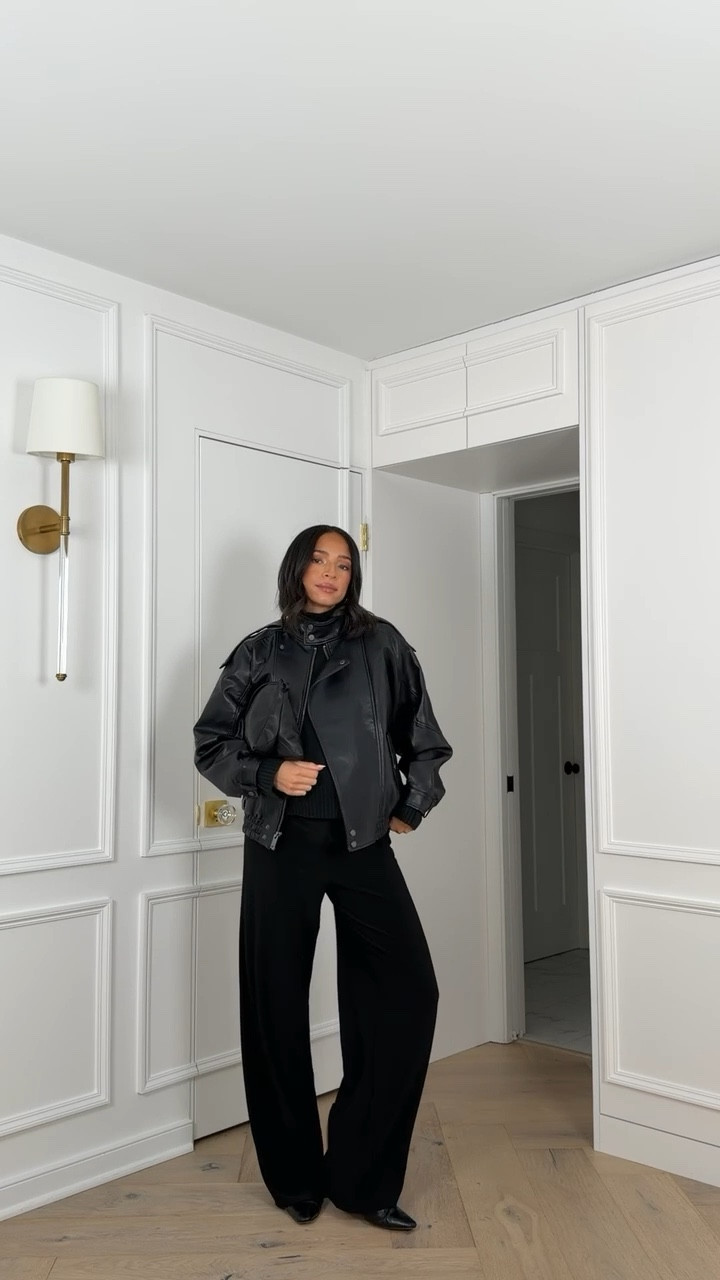 Date night outfit 🖤 This faux leather jacket is  restocked!! Looks $$$ but it’s under $150 👏🏽 tons of compliments on this! Wearing size M sweater, size S leather jacket and size M wide leg pants (they look like a trouser but feel like pajamas!) 

Date night outfit 
Dinner outfit 
Winter outfit 
Winter fashion 
Faux leather jacket

#LTKootd #LTKSeasonal #LTKBump