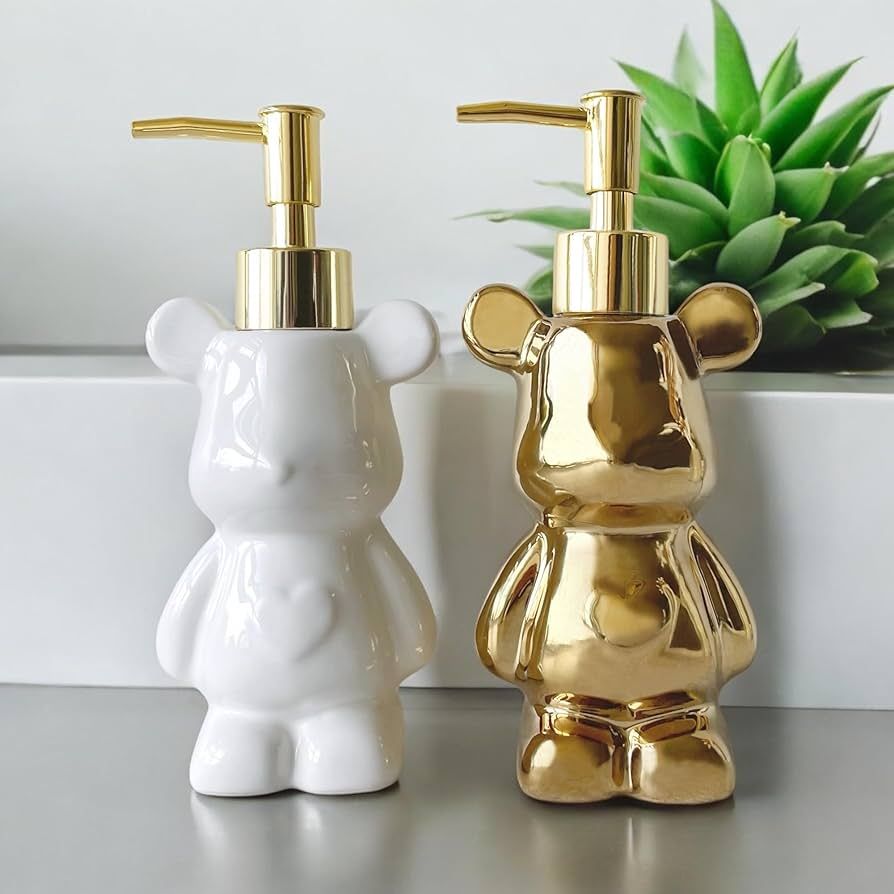 Ceramic Bear Soap Dispenser Set with Gold Pump for Bathroom, Kitchen, Cute Bear Design, 6.8oz (Wh... | Amazon (US)