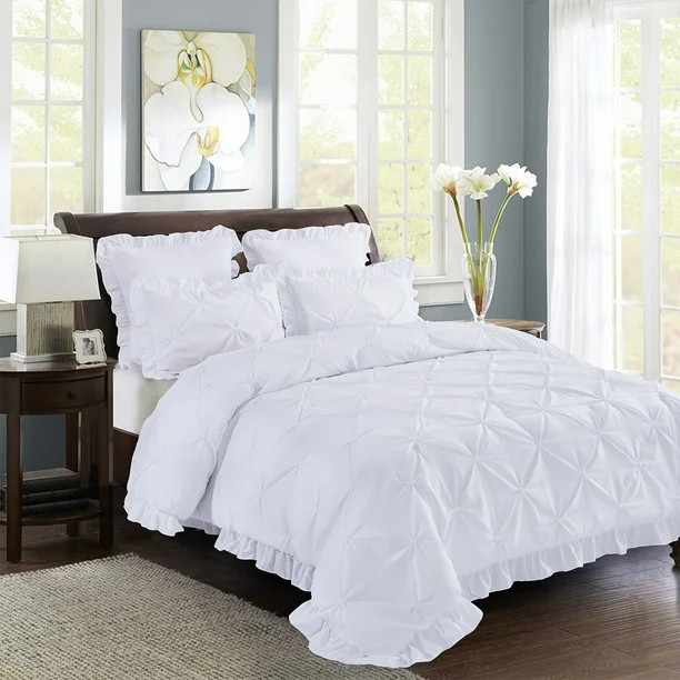 5 Piece All-Season Lightweight Pinch Pleat White Comforter Set King - Scallop Fringe - Ruffle Lac... | Walmart (US)
