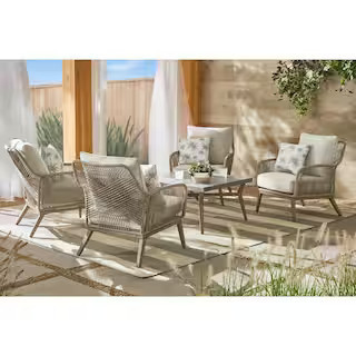 Hampton Bay Haymont 5-Piece Steel Wicker Outdoor Patio Conversation Deep Seating Set with Beige C... | The Home Depot