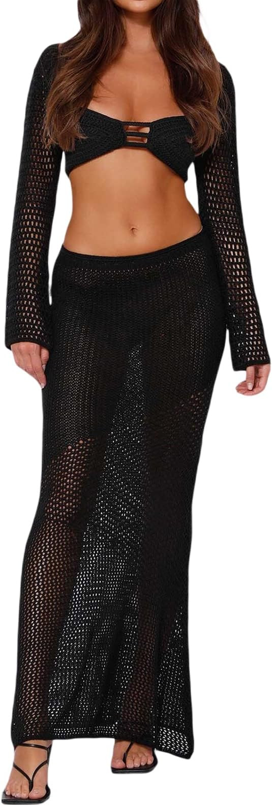 Tsnbre Knit Sets Two Piece Skirt Outfits for Women Hollow Out Long Sleeve Crop Top Bodycon Maxi D... | Amazon (US)