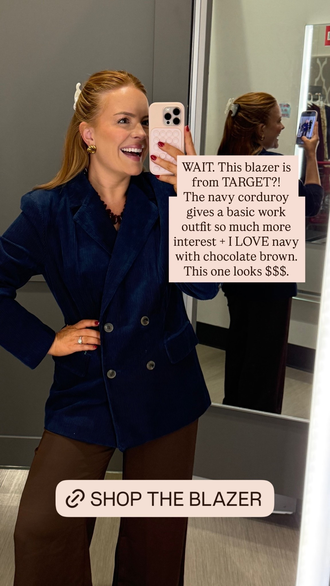 WAIT. This blazer is from TARGET?!
The navy corduroy gives a basic work outfit so much more interest + I LOVE navy with chocolate brown.
This one looks $$$. @target
