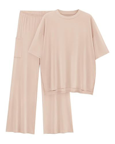 KIRUNDO 2 Piece Lounge Sets for Women Airport Travel Vacation Outfits Summer Casual Loose Short Sleeve Tops & Wide Leg Pants(Beige, Medium) | Amazon (US)