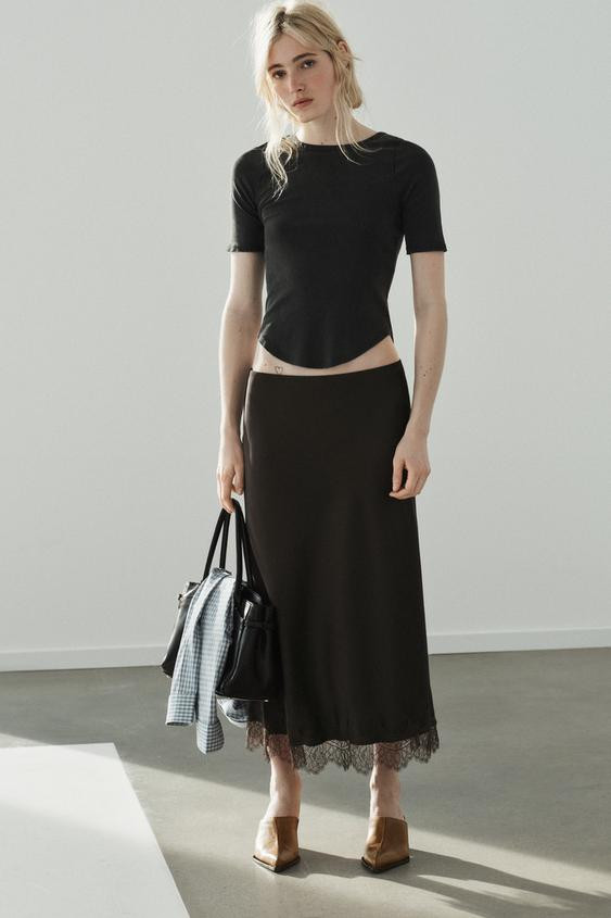 SATIN EFFECT LACE MIDI SKIRT | Zara Canada