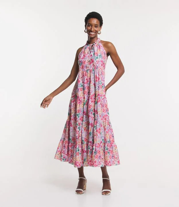 Vestido Longo Sem Manga em Tricoline com Flores Aquareladas Estampadas Multicores | Renner (BR)