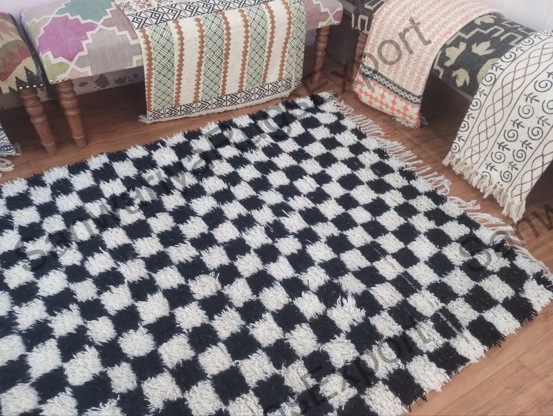 Bohemian Black and White Checkered Rug Handmade Carpet Moroccan Hallway Teppich Area Wool Shaggy ... | Etsy (US)