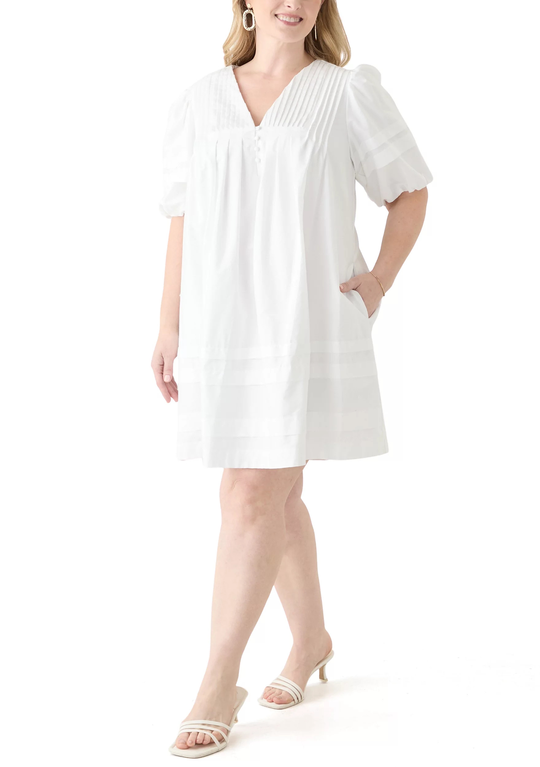 Plus Size Puff Sleeve Pintuck Short Dress | Belk