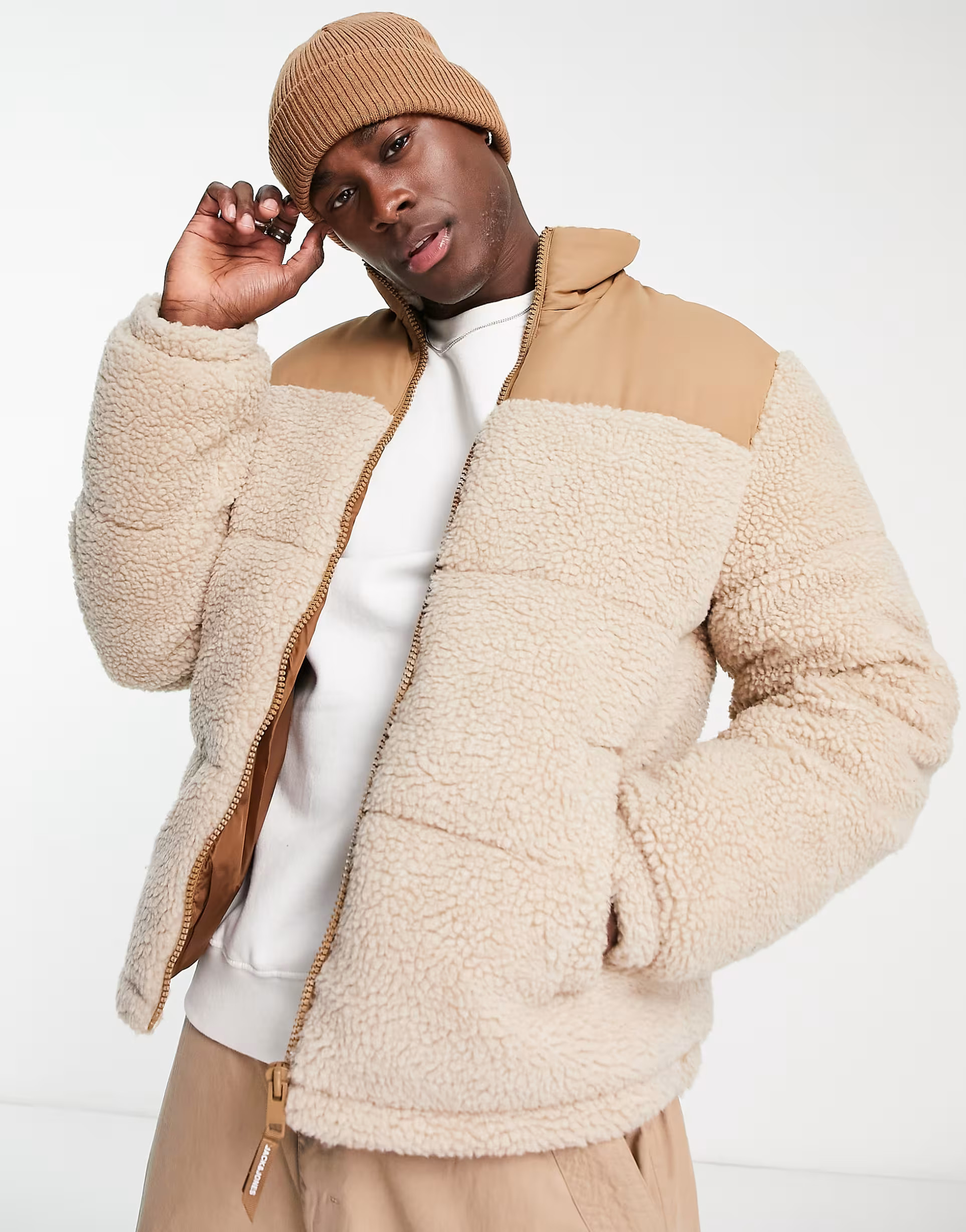 Jack & Jones Originals teddy puffer jacket in oatmeal | ASOS (Global)