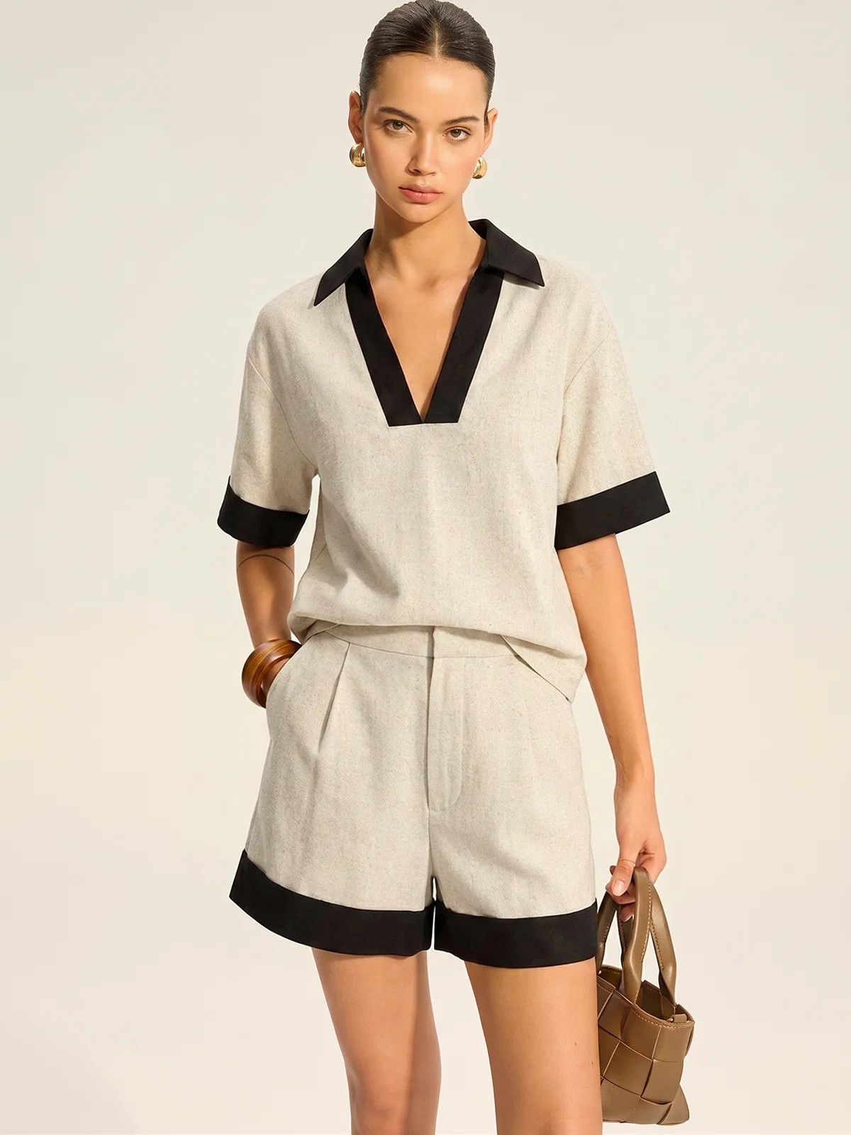 Contrast Trim Cotton Linen Top & Shorts Set | Commense