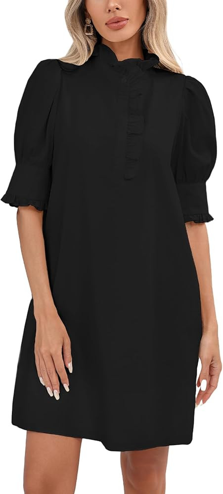 Women's Puff Short Sleeve Stand Ruffle Collar Summer Dress Casual A Line Shift Mini Dress with Po... | Amazon (US)