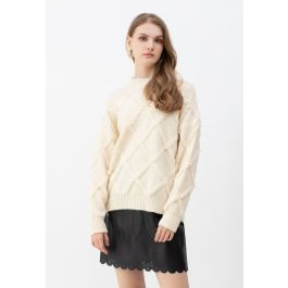 Diamond Pearls Trim Fuzzy Knit Sweater in Cream | Chicwish